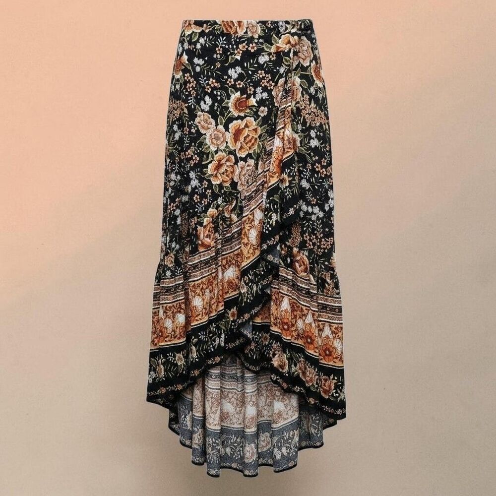 Rusttydustty Hi/Lo Skirt Womens Small Black Tan Gold Floral Boho-Chic Cowgirl